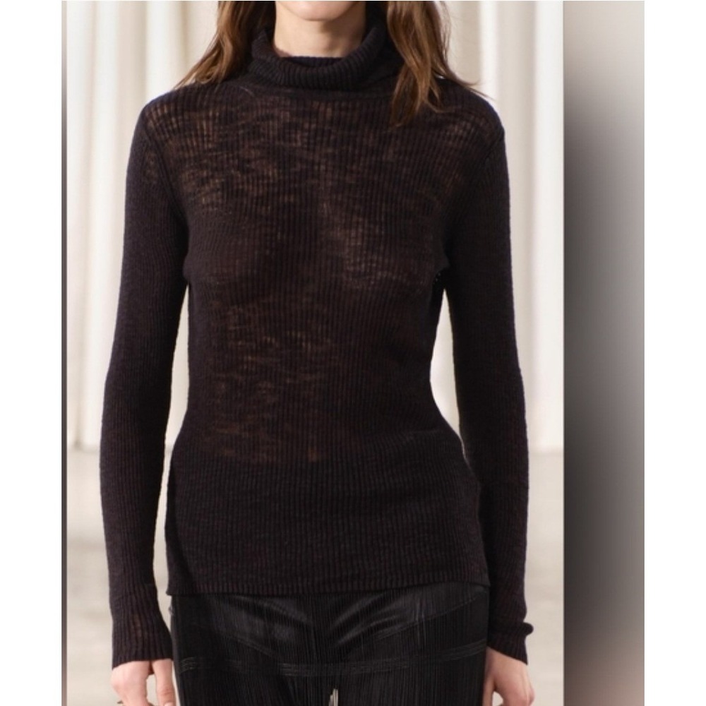 Zara Black Sheer Ribbed Knit Turtleneck Sweater Long Sleeve Womens Medium NWT